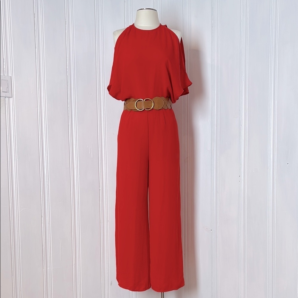 DRA LIS ANGELES Vibrant Red/orange Wide-Leg Jumpsuit with High Neckline